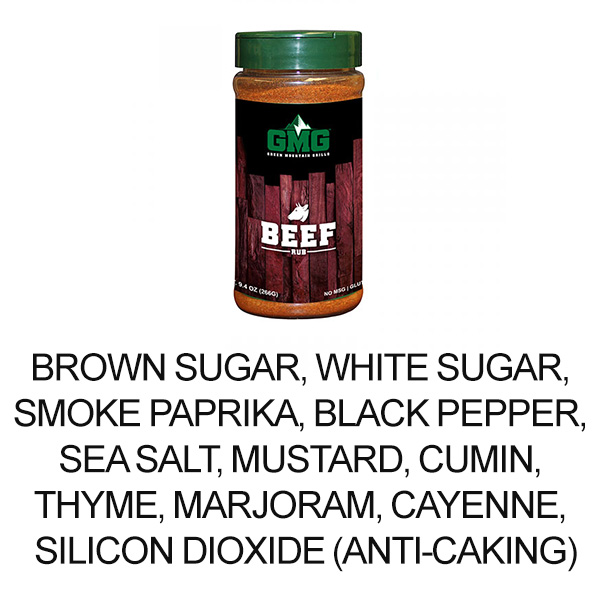 Beef dry rub seasoning from Green Mountain Grills in a jar, featuring ingredients like brown sugar, smoked paprika, and black pepper, emphasizing flavor enhancement for grilling.