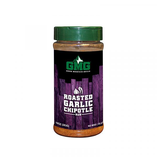 Roasted Garlic Chipotle dry rub from Green Mountain Grills in a clear jar, featuring a green lid and bold black label with white text.