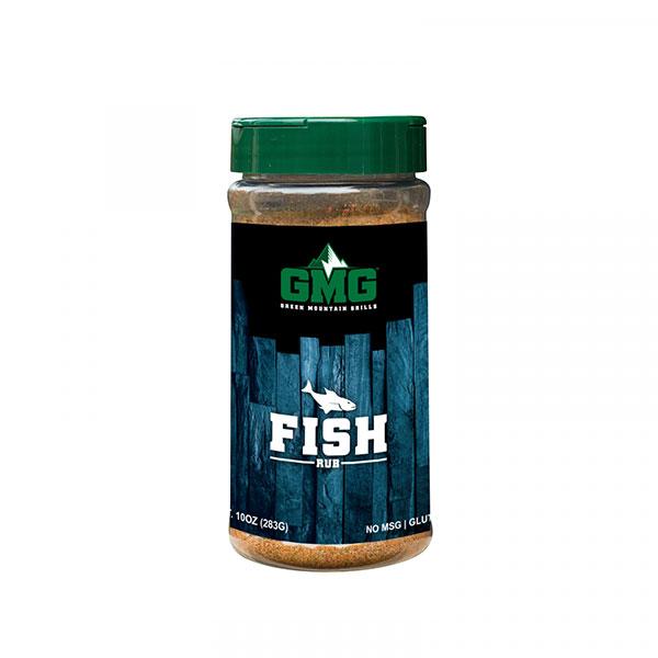 Fish rub seasoning jar by Green Mountain Grills, featuring a black label with green accents, showcasing the word "FISH" in bold white letters, designed for enhancing flavors in grilled fish dishes.