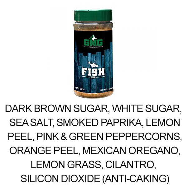 Fish rub seasoning from Green Mountain Grills, featuring ingredients like dark brown sugar, smoked paprika, and lemon peel, presented in a jar with a blue and green label.