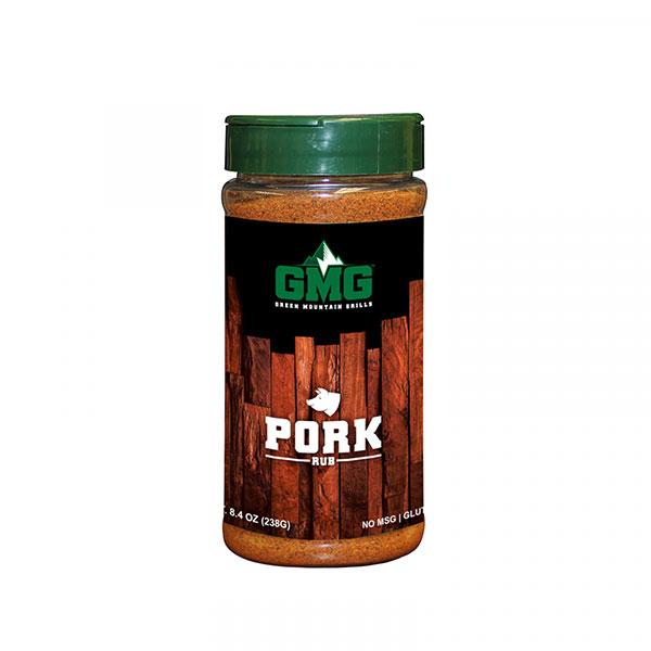 Pork rub seasoning by Green Mountain Grills in a clear jar, featuring a wooden background design, labeled "PORK" prominently, suitable for enhancing flavor in grilling.