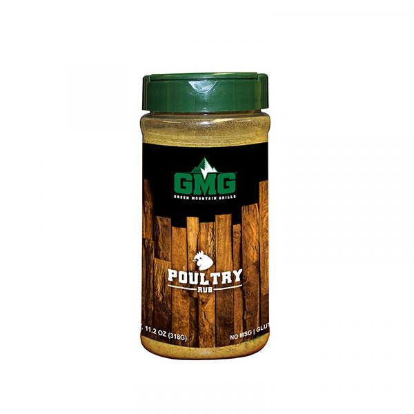 Poultry rub container from Green Mountain Grills, featuring a wooden background, labeled "POULTRY RUB," 11.2 oz, highlighting no MSG or gluten.