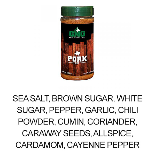 Pork rub seasoning from Green Mountain Grills, featuring a blend of sea salt, sugars, pepper, garlic, and spices, in a clear container with a green lid and wooden background.