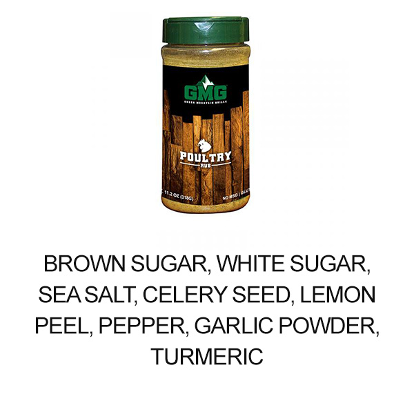 Poultry dry rub seasoning from Green Mountain Grills, featuring ingredients like brown sugar, sea salt, and garlic powder, ideal for enhancing flavor in grilled dishes.