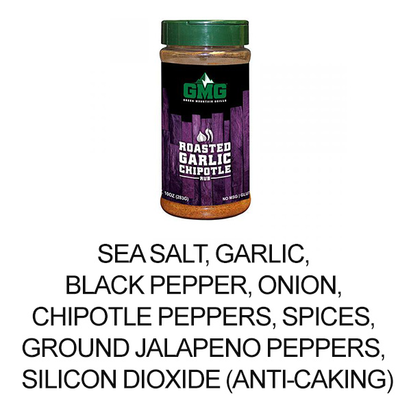 Roasted Garlic Chipotle dry rub from Green Mountain Grills, featuring ingredients like sea salt, garlic, black pepper, and chipotle peppers, presented in a jar with a green lid.