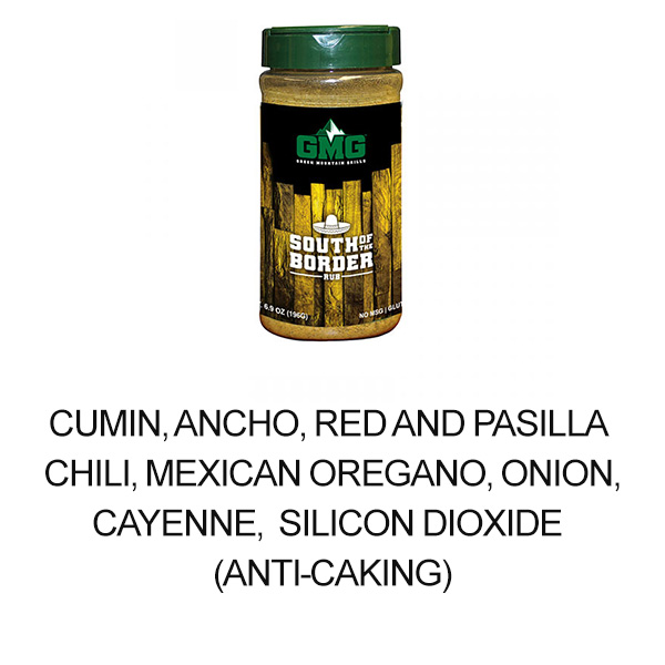 South of the Border dry rub from Green Mountain Grills, featuring spices like cumin, ancho chili, and oregano, designed for enhancing flavor in grilling.