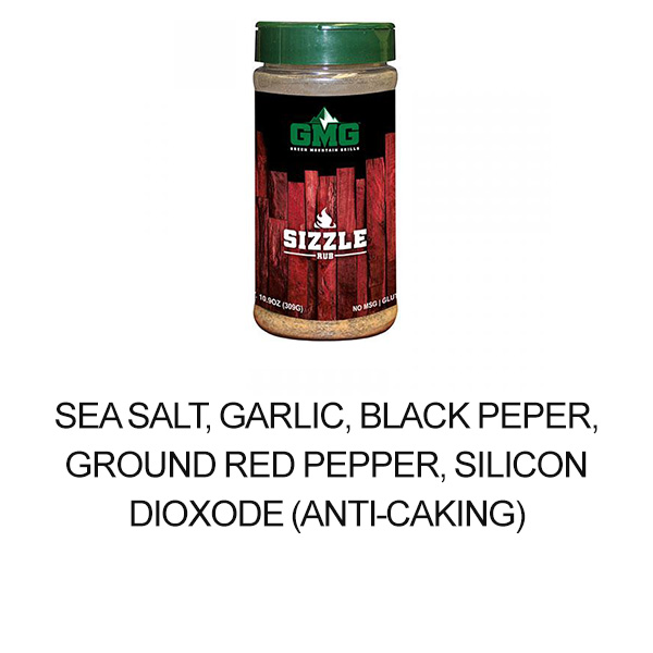 Sizzle Rub seasoning bottle by Green Mountain Grills featuring ingredients: sea salt, garlic, black pepper, ground red pepper, and silicon dioxide (anti-caking).