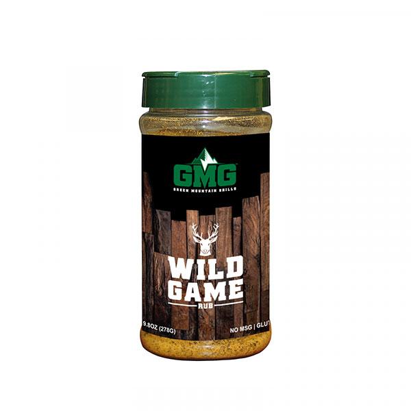 Wild Game Spice Rub by Green Mountain Grills in a clear jar with a green lid, featuring a rustic wood background and a deer logo, priced at $14.99.