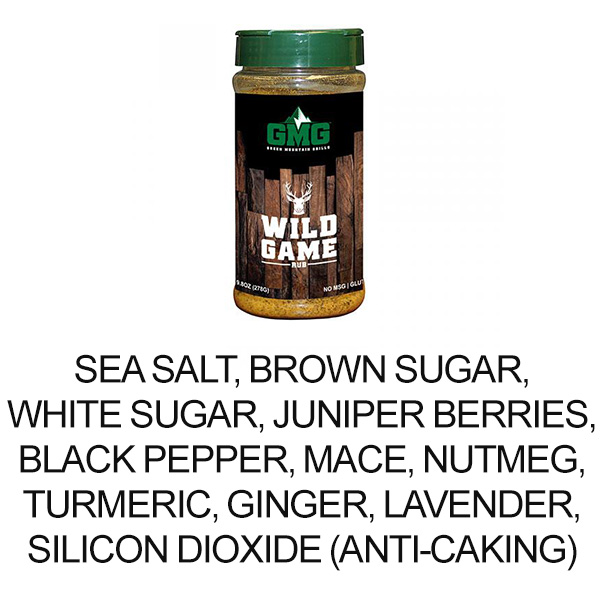 Wild Game Spice Rub container by Green Mountain Grills, featuring ingredients like sea salt, brown sugar, and juniper berries, emphasizing grilling flavor enhancement.