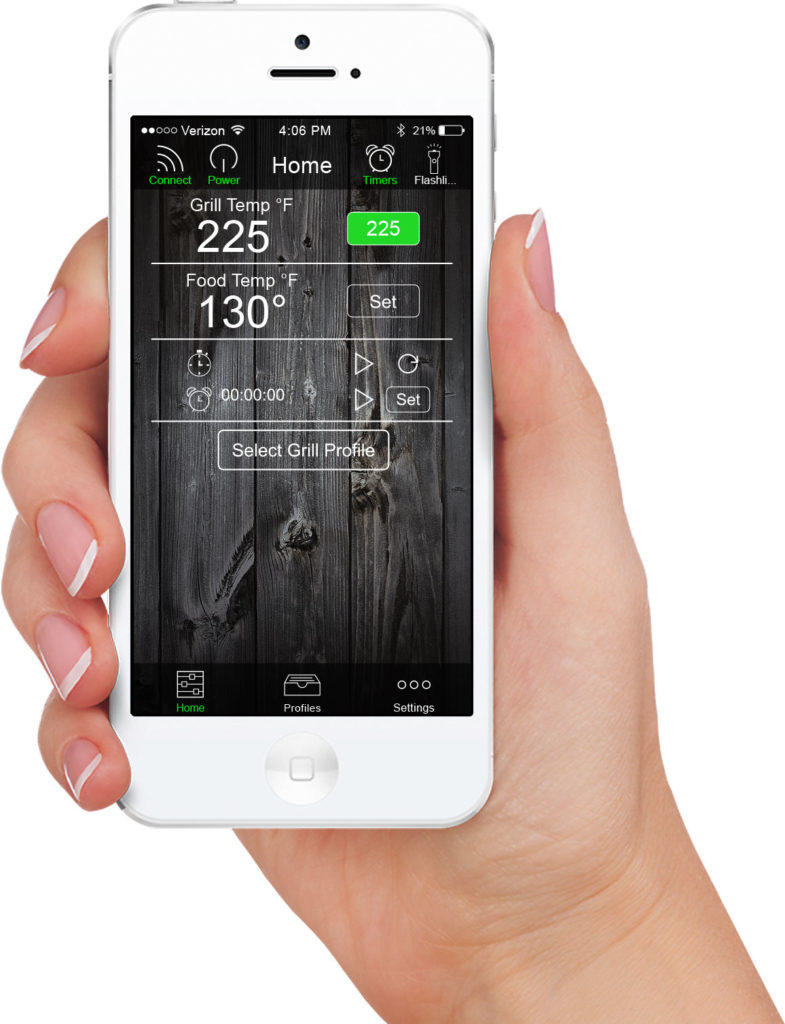 Smartphone displaying Green Mountain Grills app interface for monitoring grill and food temperatures, featuring customizable cooking profiles and timers.
