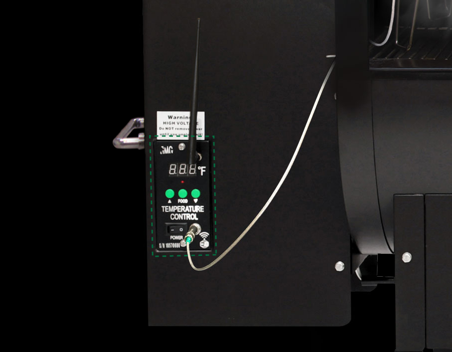 Digital temperature control panel for wood-fired grill, displaying temperature reading and control buttons, featuring a food probe and power indicator, illustrating advanced grilling technology.
