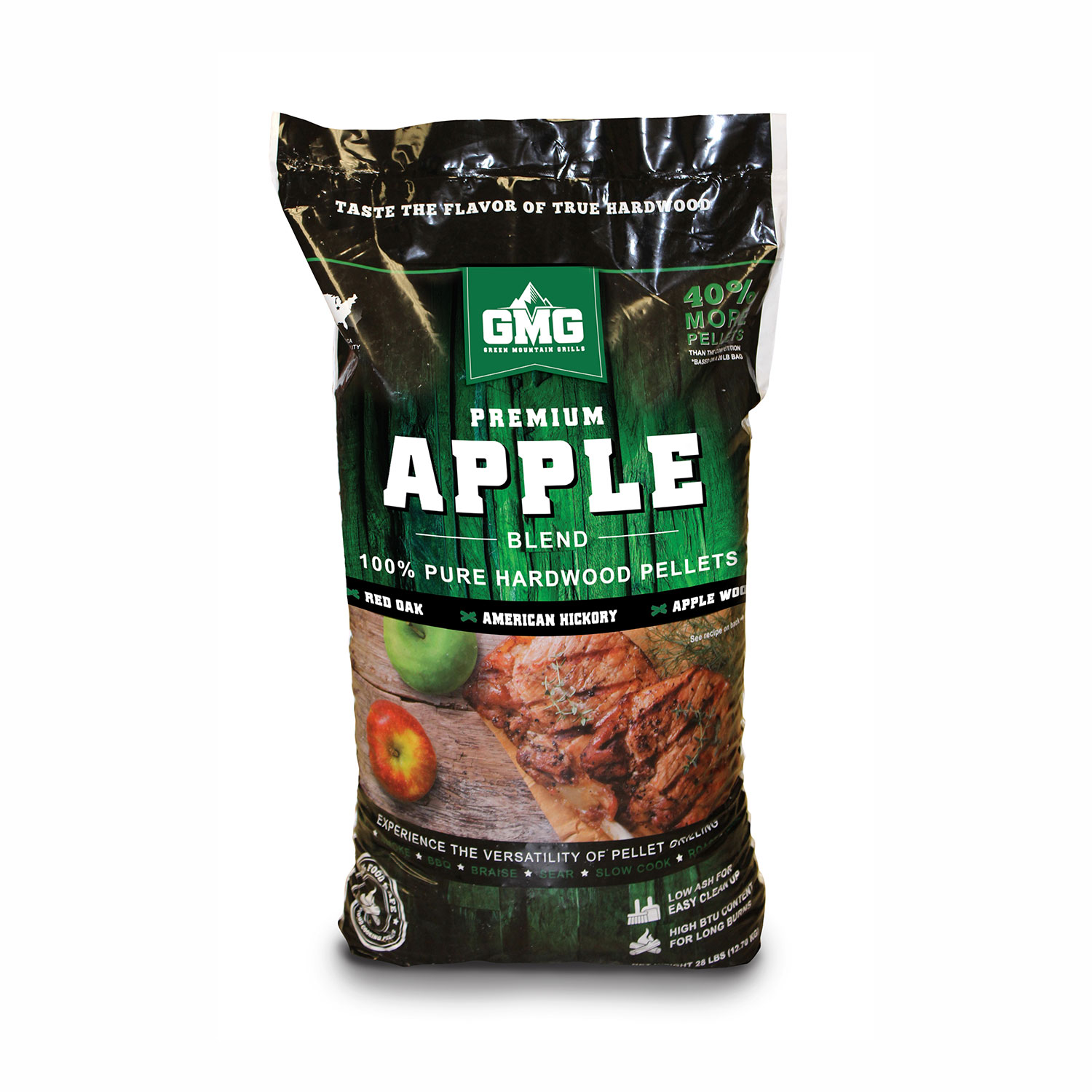 Premium Apple Blend hardwood pellets bag by Green Mountain Grills, featuring apple wood, American hickory, and red oak, emphasizing 100% pure hardwood composition.
