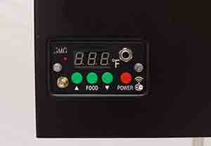 Digital controller for Green Mountain Grills TREK portable grill, featuring temperature display, power, food, and WiFi indicators for precise cooking management.