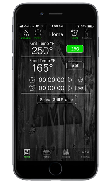 Smartphone displaying the Green Mountain Grills app interface, showing grill temperature at 250°F, food temperature at 165°F, timers, and grill profile selection options.