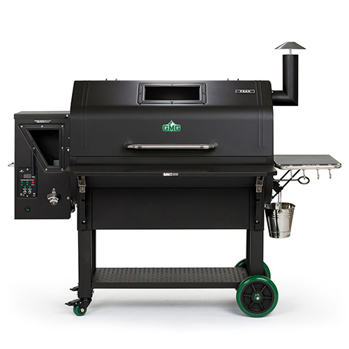 PEAK Prime WiFi pellet grill by Green Mountain Grills, featuring a digital control panel, side shelf, and smoke stack, designed for optimal outdoor cooking.