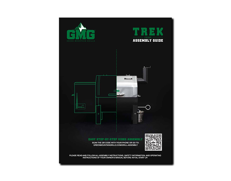 TREK Prime WiFi pellet grill assembly guide featuring the grill's design, QR code for video instructions, and Green Mountain Grills logo, set against a dark background.