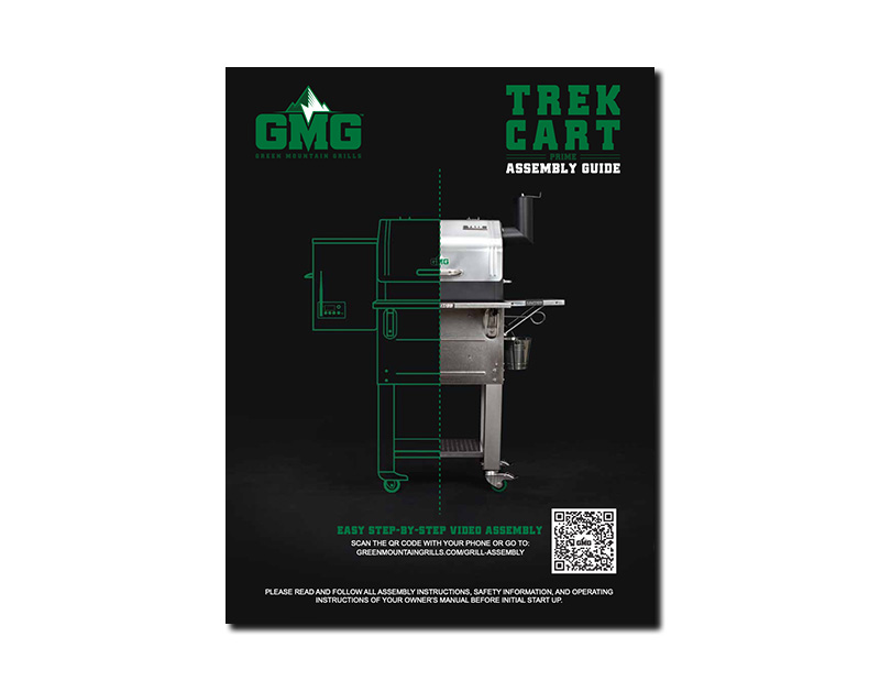 TREK Cart assembly guide for Green Mountain Grills, featuring a side view of the TREK Prime WiFi pellet grill with assembly instructions and QR code for video support.