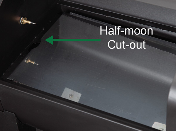 Grease tray for TREK Prime WiFi pellet grill, featuring half-moon cut-out on the left for proper grease flow into the trough.