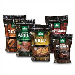 PELLETS-DISPLAY Five bags of Green Mountain Grills (GMG) premium wood pellets, featuring flavors like Tex, Apple, Gold, Fruitwood, and Gourmet, displayed against a neutral background, emphasizing grilling accessories for outdoor cooking.