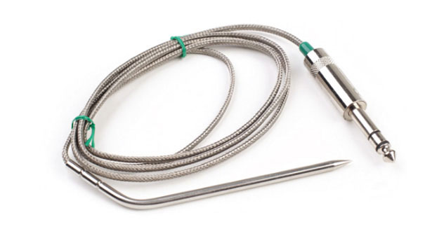 Stainless steel meat probe with a flexible wire connector, designed for use with Green Mountain Grills TREK Prime 2.0 for monitoring food temperature.