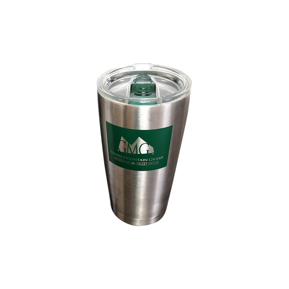 Stainless steel insulated tumbler featuring Green Mountain Grills logo, designed to maintain beverage temperatures.