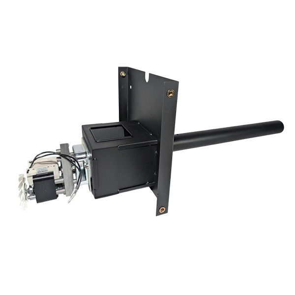 Auger assembly for Jim Bowie grill model, featuring a black metal construction and attached motor components, designed for replacement and upgrades.