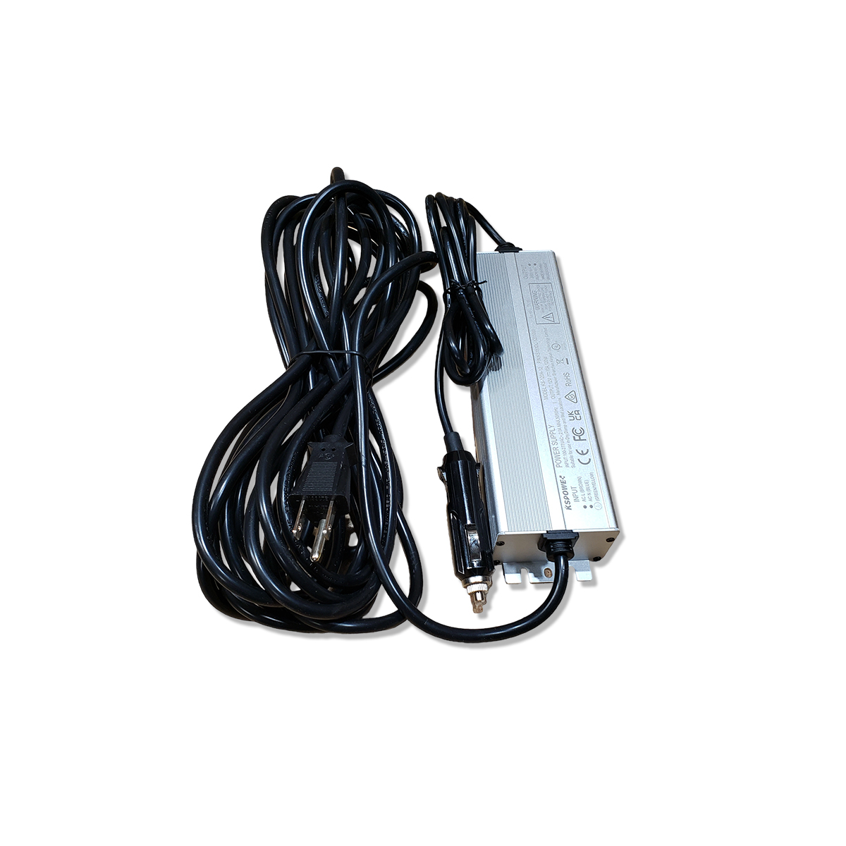 AC adapter for 12V Prime models by Green Mountain Grills, featuring a silver casing and multiple power cords.