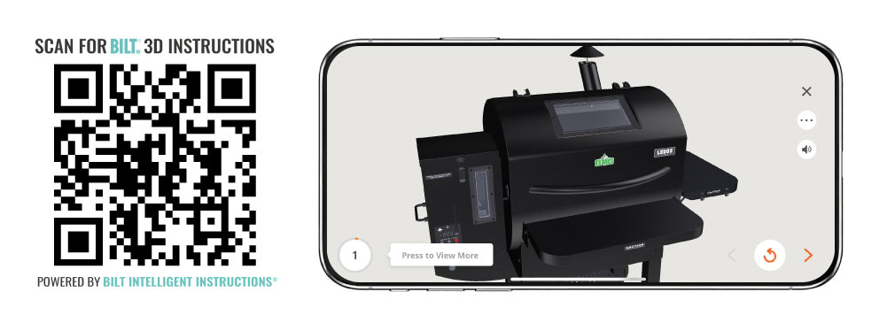 Smartphone displaying 3D interactive instructions for the Ledge Prime 2.0 grill, featuring a QR code for accessing the BILT app.