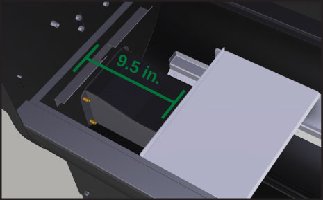 Heat shield installation guide for Ledge Prime 2.0 grill, showing adjustment rod with measurement of 9.5 inches from the left inside wall, emphasizing proper positioning for effective use.