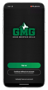 Smartphone displaying the Green Mountain Grills (GMG) logo and app interface for signing up or continuing without an account, relevant to connecting the TREK Prime 2.0 grill.