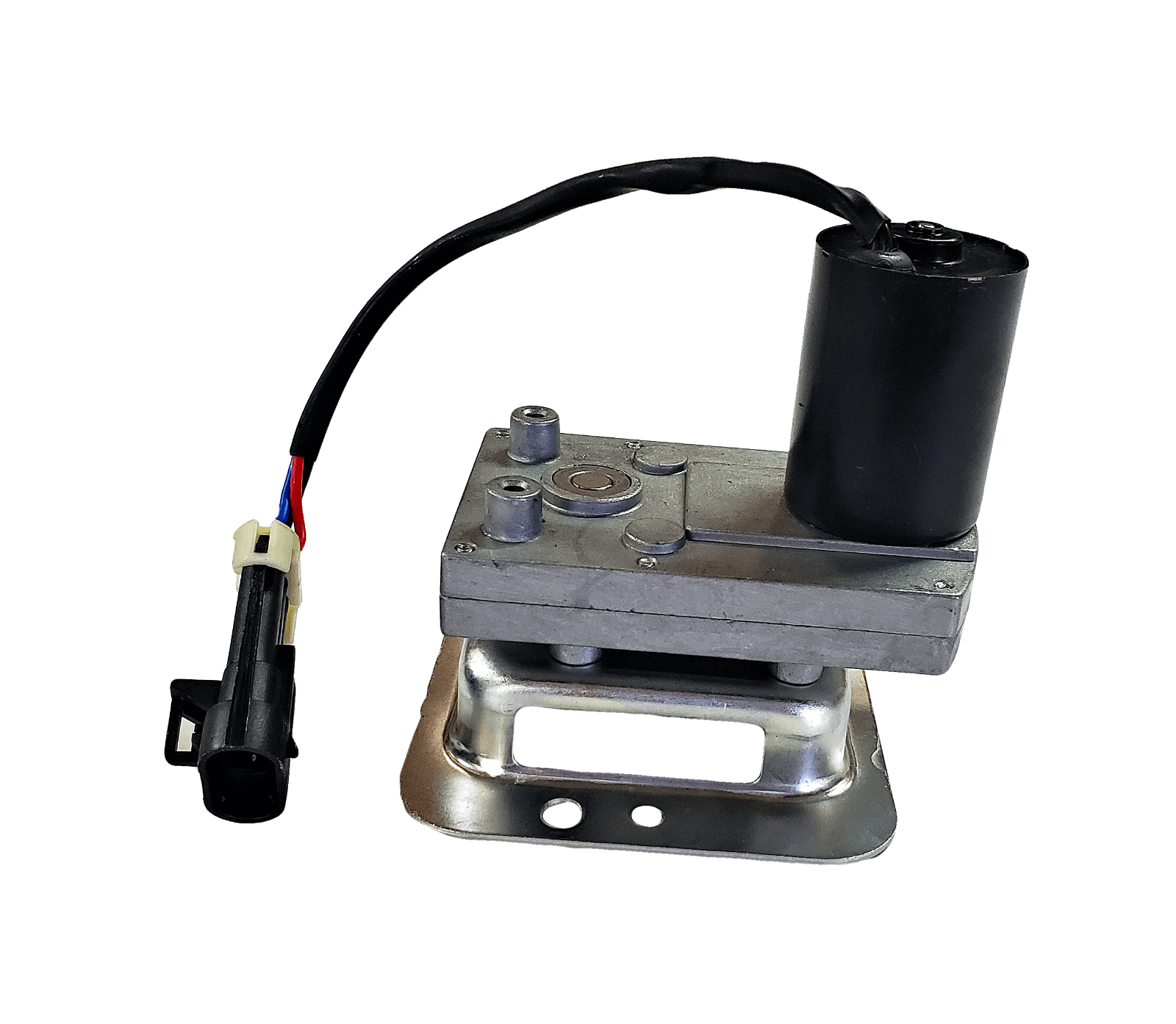 Auger motor for Green Mountain Grills, featuring a metallic base, black cylindrical component, and electrical connector, designed for DB Prime/Ledge and JB Prime/Peak grill models.