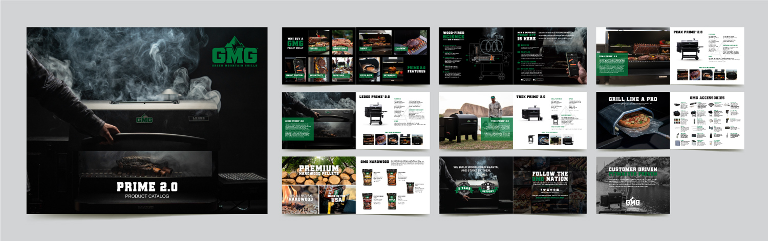 CATALOG-DISPLAY Green Mountain Grills dealer center resources, displaying logos, manuals, and marketing materials for outdoor cooking.