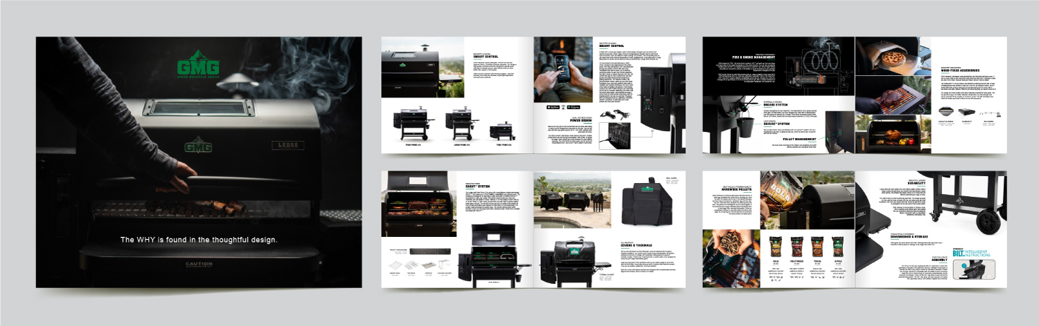 WHY-GMG-DISPLAY Green Mountain Grills dealer center featuring marketing resources, logos, and product catalogs for outdoor cooking.