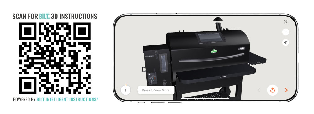 QR code for BILT 3D instructions with Peak Prime 2.0 grill displayed on smartphone, enhancing assembly guidance for users.