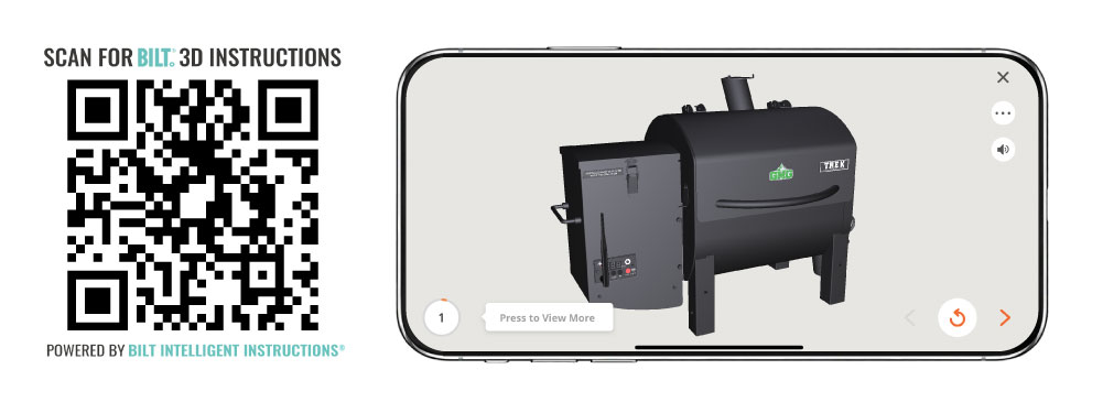 3D interactive model of the TREK pellet grill displayed on a smartphone with QR code for BILT instructions, emphasizing assembly and setup guidance for new grill owners.