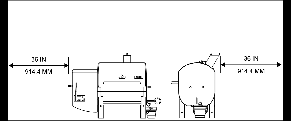 Illustration of the TREK Prime 2.0 pellet grill with dimensions indicating a minimum clearance of 36 inches from combustibles for safe operation.